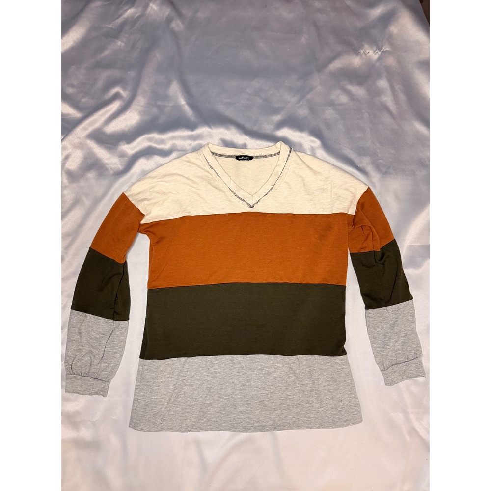 Heimish‎ US Womens Colorblock Long Sleeve V-Neck Top Earthy Tones Multi-Color